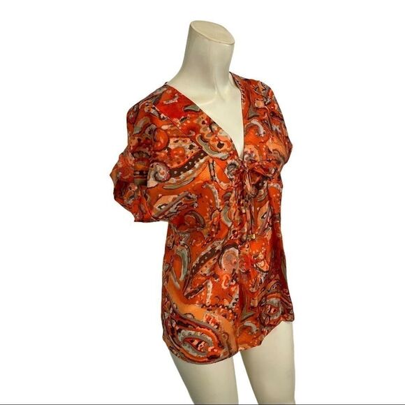 Michael Kors Orange Print Silk Top Petite P - Picture 2 of 5